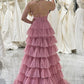 A-Line Spaghetti Straps Layered Tulle Prom Dress with Floral Printed Sexy
