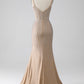 Sparkly Champagne Mermaid Spaghetti Straps Long Prom Dress with Slit Sexy Evening Dresses