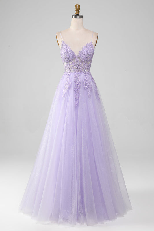 Light Purple A-Line Spaghetti Straps Long Prom Dress V-neck Floor Length