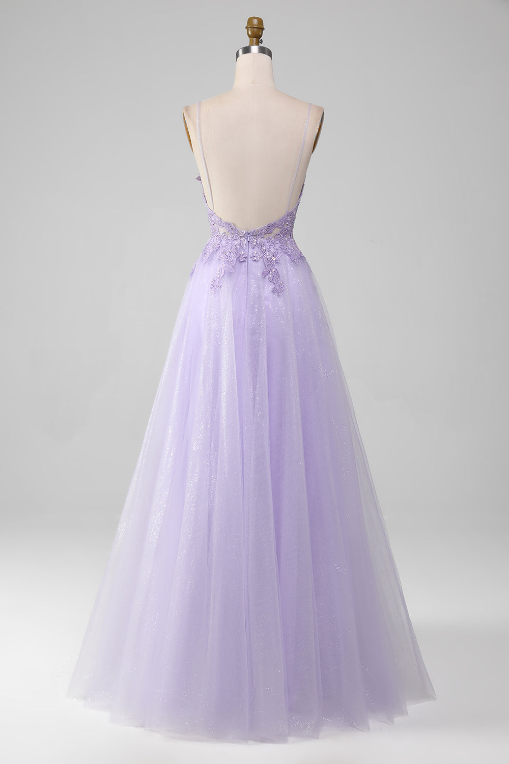 Light Purple A-Line Spaghetti Straps Long Prom Dress V-neck Floor Length