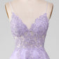 Light Purple A-Line Spaghetti Straps Long Prom Dress V-neck Floor Length