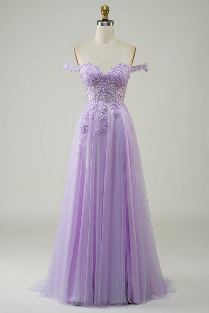 Light Purple A-Line Off The Shoulder Long Corset Tulle Prom Dress with Lace Beautiful