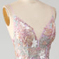 Glitter Lilac A-Line Spaghetti Straps Long Prom Dress with Flowers V-neck Sexy