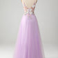 Glitter Lilac A-Line Spaghetti Straps Long Prom Dress with Flowers V-neck Sexy