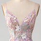 Glitter Lilac A-Line Spaghetti Straps Long Prom Dress with Flowers V-neck Sexy