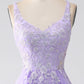 Lilac A-Line Spaghetti Straps Tulle Long Prom Dress with Appliques Beautiful