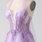 Purple A-Line Halter Neck Beaded Long Prom Dress V-neck With Slit