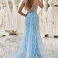 Mermaid Spaghetti Straps Long Blue Prom Dress With Appliques Floor Length Beautiful