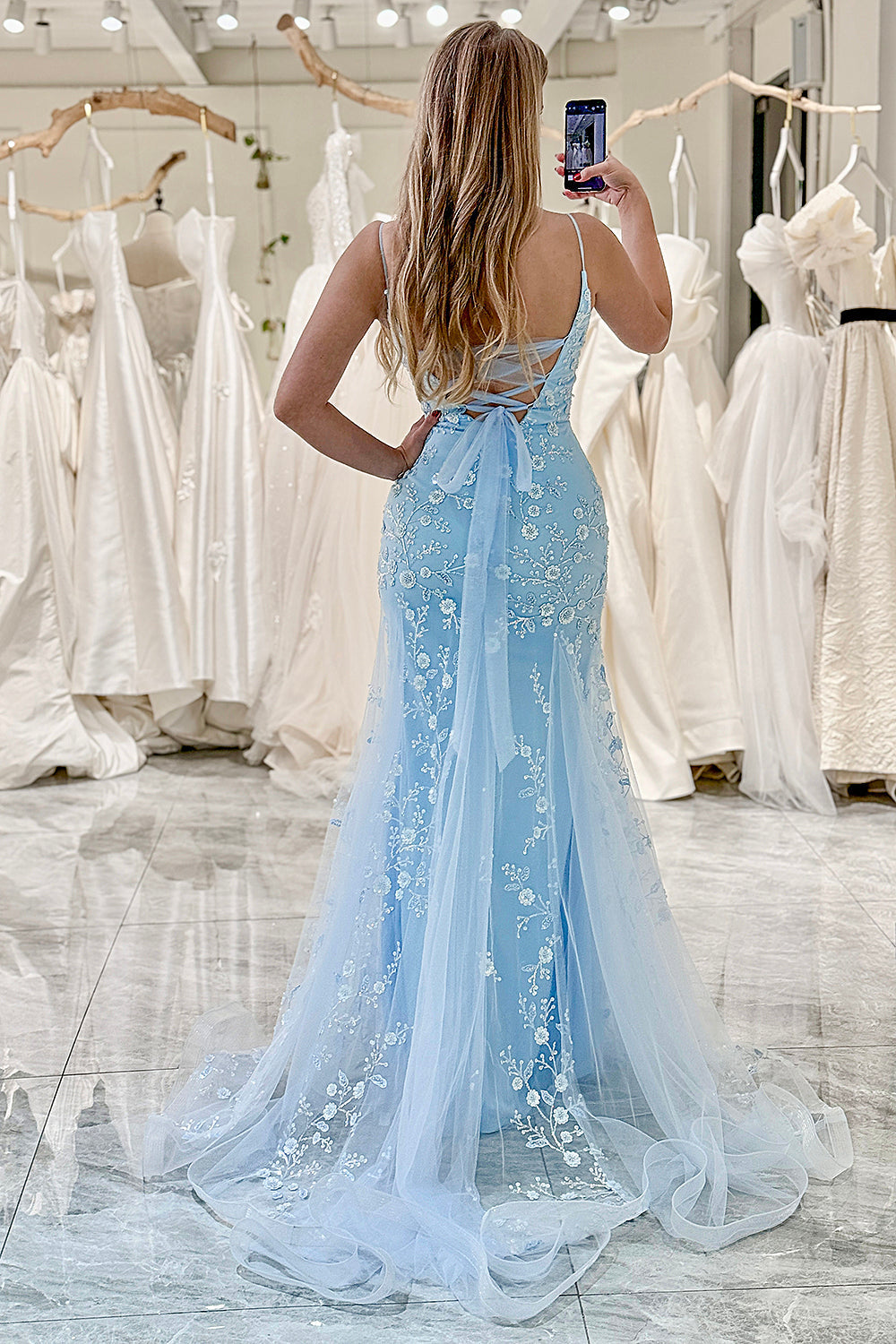 Mermaid Spaghetti Straps Long Blue Prom Dress With Appliques Floor Length Beautiful