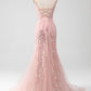 Blush Mermiad Spaghetti Straps Long Prom Dress with Appliques Light Blue With Flowers