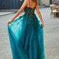 A Line Spaghetti Straps Tulle Long Appliqued Prom Dress With Slit Sparkly