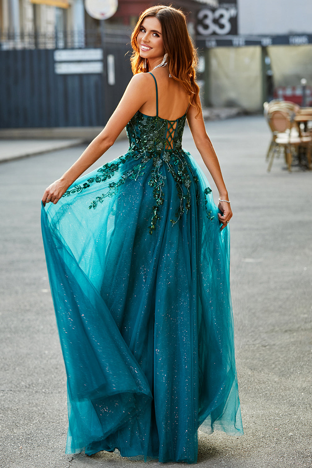 A Line Spaghetti Straps Tulle Long Appliqued Prom Dress With Slit Sparkly