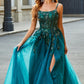 A Line Spaghetti Straps Tulle Long Appliqued Prom Dress With Slit Sparkly