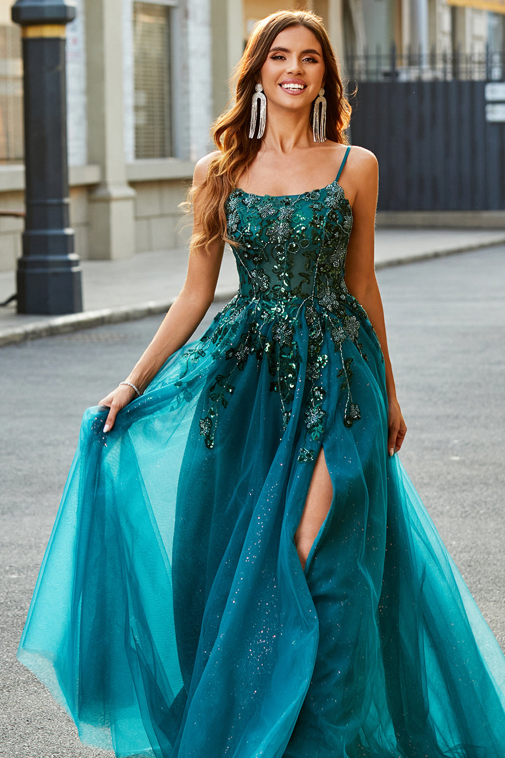 A Line Spaghetti Straps Tulle Long Appliqued Prom Dress With Slit Sparkly