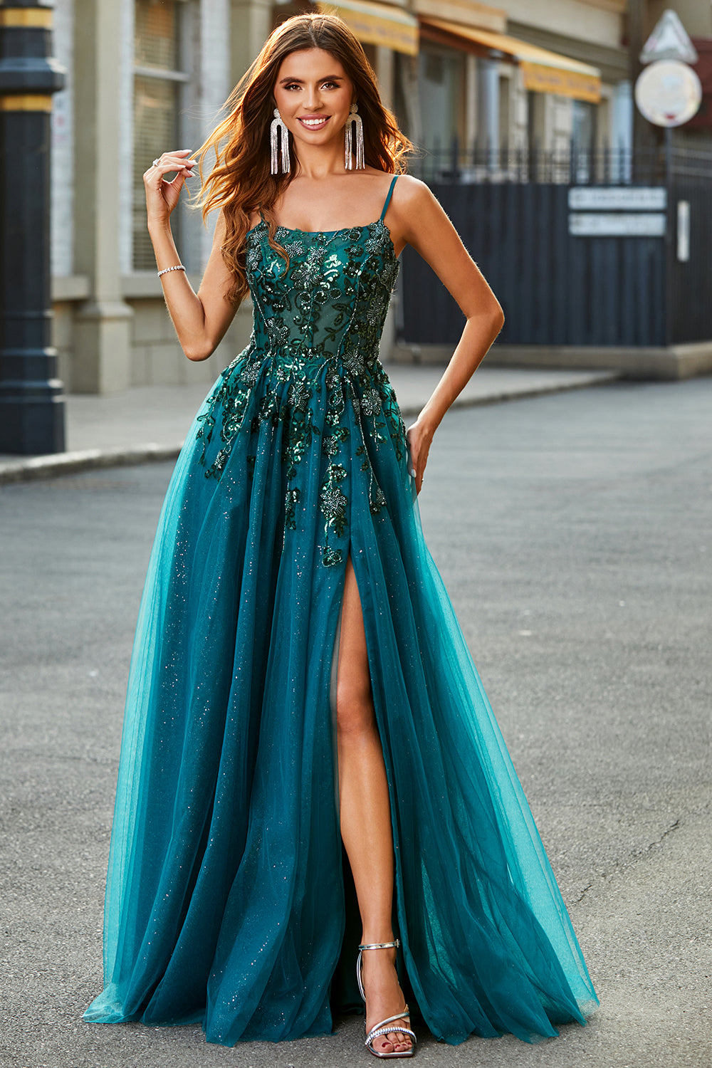 A Line Spaghetti Straps Tulle Long Appliqued Prom Dress With Slit Sparkly