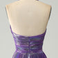Sparkly Purple A-Line Halter Pleated Prom Dress with Slit Sexy Evening Dresses