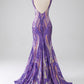 Purple Mermaid V Neck Long Sparkly Prom Dress With Sequins Sexy