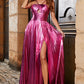 Sparkly Fuchsia A-Line Spaghetti Straps Pleated Prom Dress with Side Slit Sexy Evening Dresses