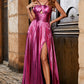 Sparkly Fuchsia A-Line Spaghetti Straps Pleated Prom Dress with Side Slit Sexy Evening Dresses