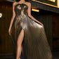 Sparkly Fuchsia A-Line Spaghetti Straps Pleated Prom Dress with Side Slit Sexy Evening Dresses