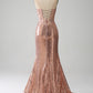 Sparkly Rose Golden Mermaid Beaded Ruched Sequin Corset Long Prom Dress with Slit Sexy