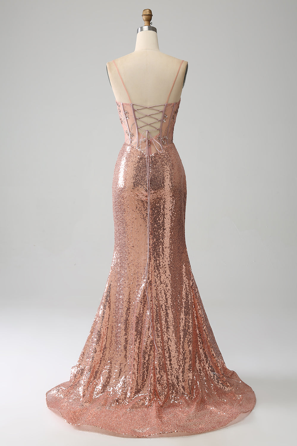 Sparkly Rose Golden Mermaid Beaded Ruched Sequin Corset Long Prom Dress with Slit Sexy