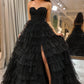 Sparkly Black A Line Long Corset Tiered Tulle Prom Dress With Slit Off Shoulder