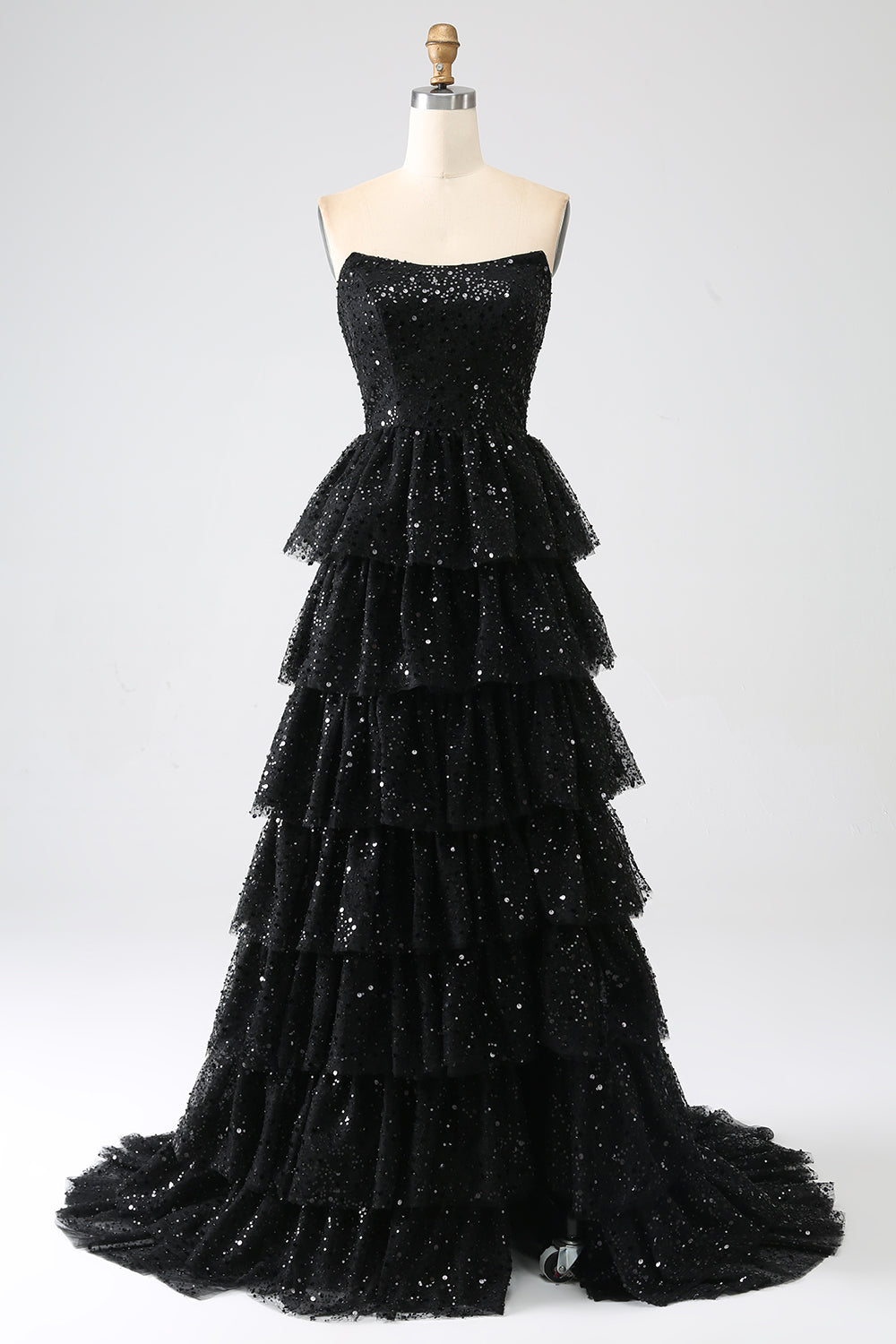 A-Line Sequins Black Tiered Prom Dress with Slit Off Shoulder Floor Length Sparkly