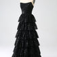 A-Line Sequins Black Tiered Prom Dress with Slit Off Shoulder Floor Length Sparkly