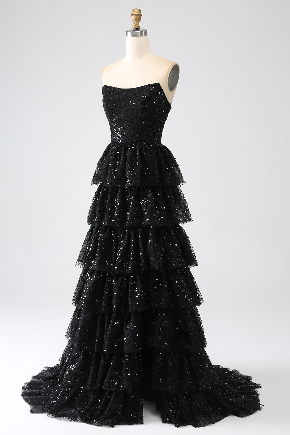 A-Line Sequins Black Tiered Prom Dress with Slit Off Shoulder Floor Length Sparkly