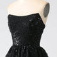 A-Line Sequins Black Tiered Prom Dress with Slit Off Shoulder Floor Length Sparkly