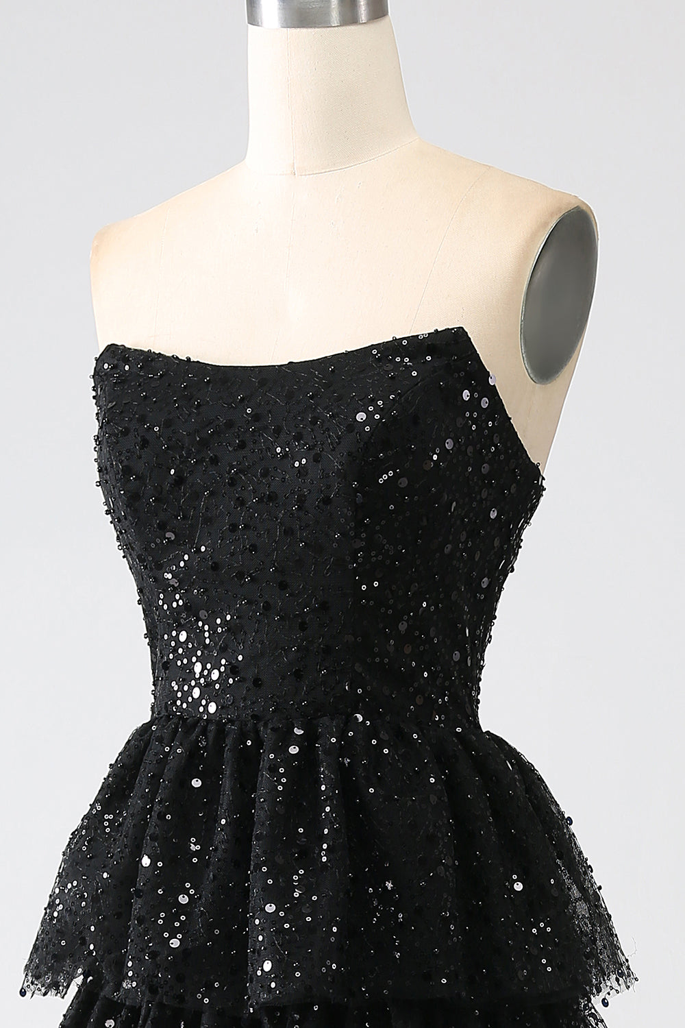 A-Line Sequins Black Tiered Prom Dress with Slit Off Shoulder Floor Length Sparkly