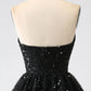 A-Line Sequins Black Tiered Prom Dress with Slit Off Shoulder Floor Length Sparkly