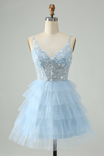 Cute A Line Spaghetti Straps Tiered Short Homecoming Dress with Sequins Beautiful