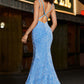 Sparkly Blue Mermaid Spaghetti Straps Long Prom Dress With Sequins V-neck Sexy