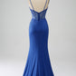 Royal Blue Mermaid Corset Sparkly Beaded Prom Dress with Slit Sexy Evening Dresses
