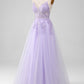 Light Purple A-Line Spaghetti Straps Long Prom Dress V-neck Floor Length