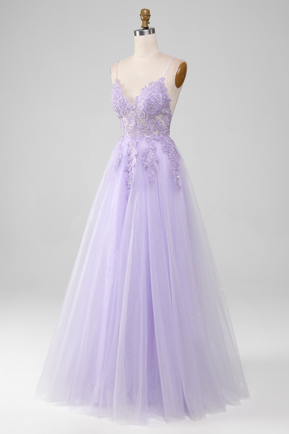 Light Purple A-Line Spaghetti Straps Long Prom Dress V-neck Floor Length