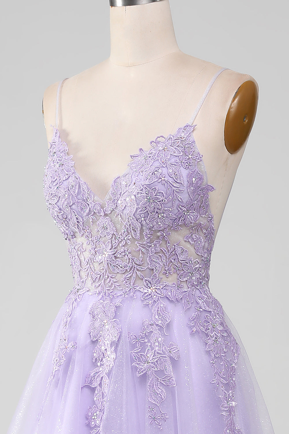 Light Purple A-Line Spaghetti Straps Long Prom Dress V-neck Floor Length