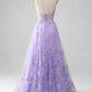 Light Purple A Line Spaghetti Straps Sparkly Prom Dress With Beading V-neck Floor Length