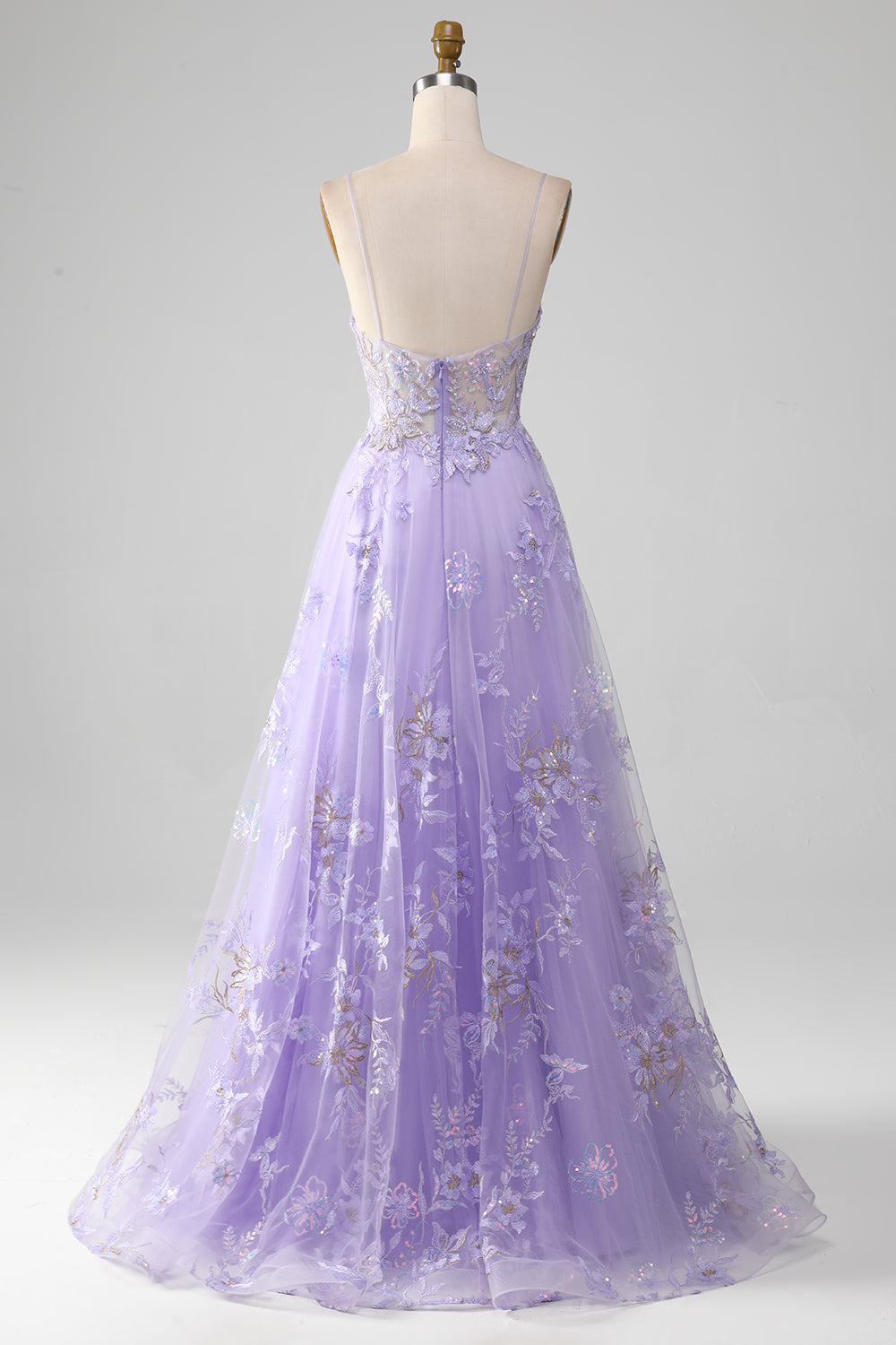 Light Purple A Line Spaghetti Straps Sparkly Prom Dress With Beading V-neck Floor Length