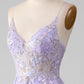 Light Purple A Line Spaghetti Straps Sparkly Prom Dress With Beading V-neck Floor Length