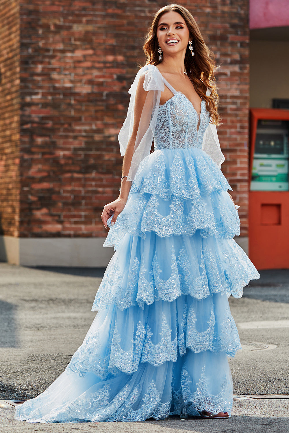 Princess Light Blue Bow Tie Straps Sequin Tiered Tulle Long Sparkly Prom Dress Beautiful