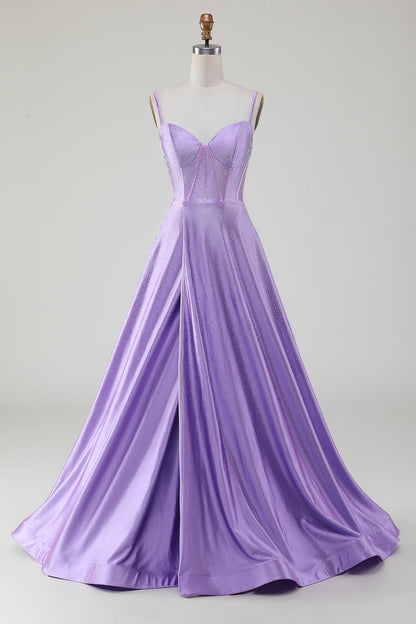Sparkly Simple Lilac A-Line Side Slit Corset Prom Dresses with Rhinestones Sexy Evening Dresses