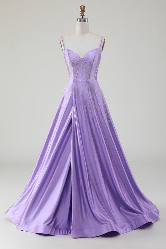 Sparkly Simple Lilac A-Line Side Slit Corset Prom Dresses with Rhinestones Sexy Evening Dresses
