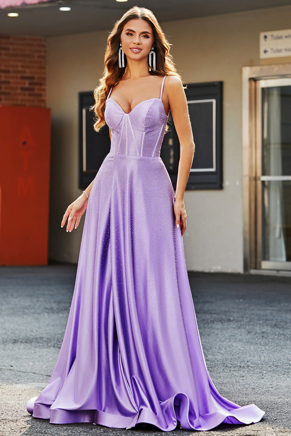Sparkly Lilac A-Line Side Slit Corset Long Prom Dresses with Rhinestones Sexy Evening Party Dresses