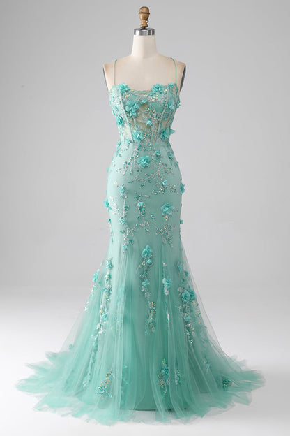 Mermaid Spaghetti Straps Long Prom Dress with Appliques Floor Length With Flowers