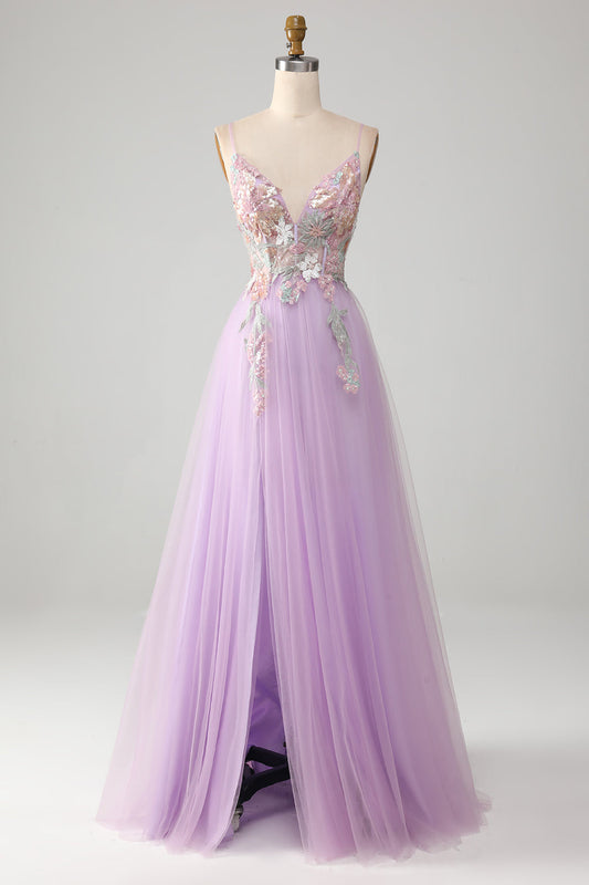 Glitter Lilac A-Line Spaghetti Straps Long Prom Dress with Flowers V-neck Sexy