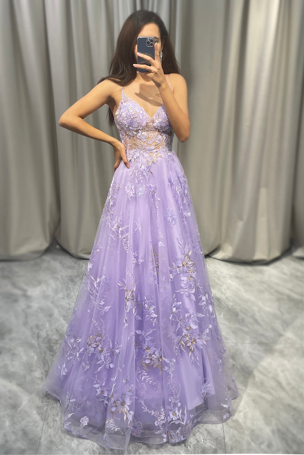 Elegant Purple A Line Tulle Long Beaded Prom Dress With Appliques Beautiful