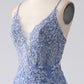 Grey Blue Mermaid Spaghetti Strap Beaded Backless Long Prom Dress With Appliques V-neck